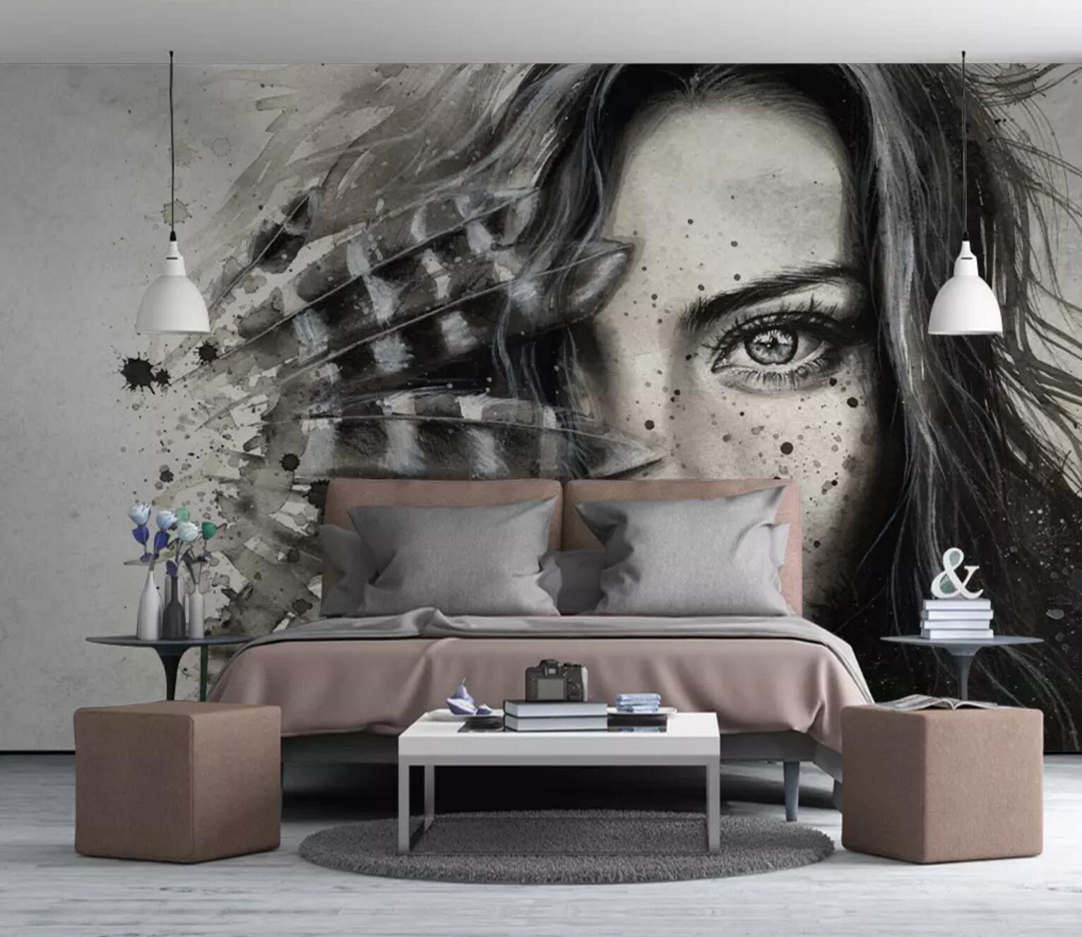 3D Woman Feather Fan WC666 Wall Murals