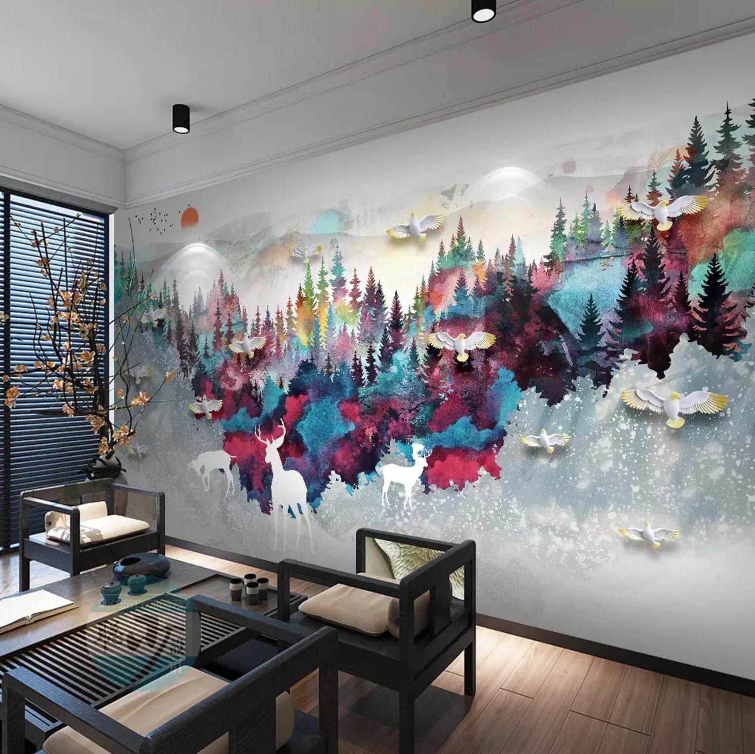 3D Color Forest Deer WC513 Wall Murals