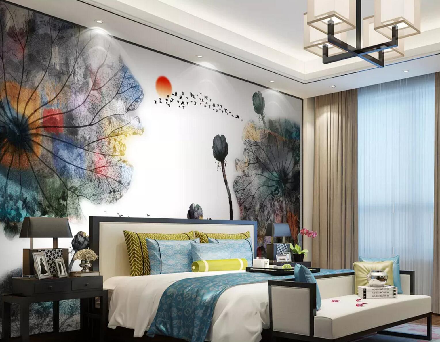 3D Ink Lotus Leaf 066 Wallpaper AJ Wallpaper 