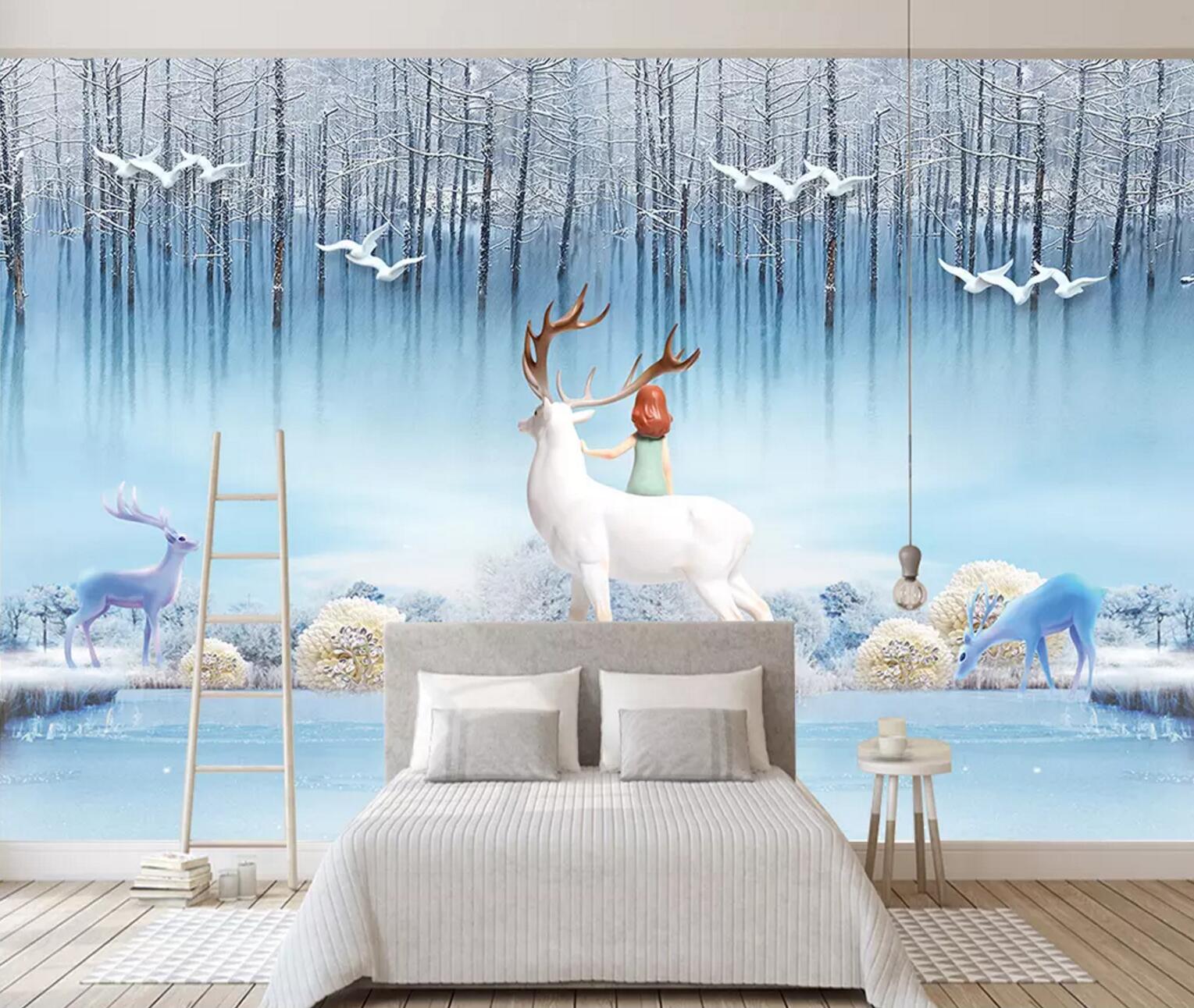 3D White Deer Dove WC586 Wall Murals