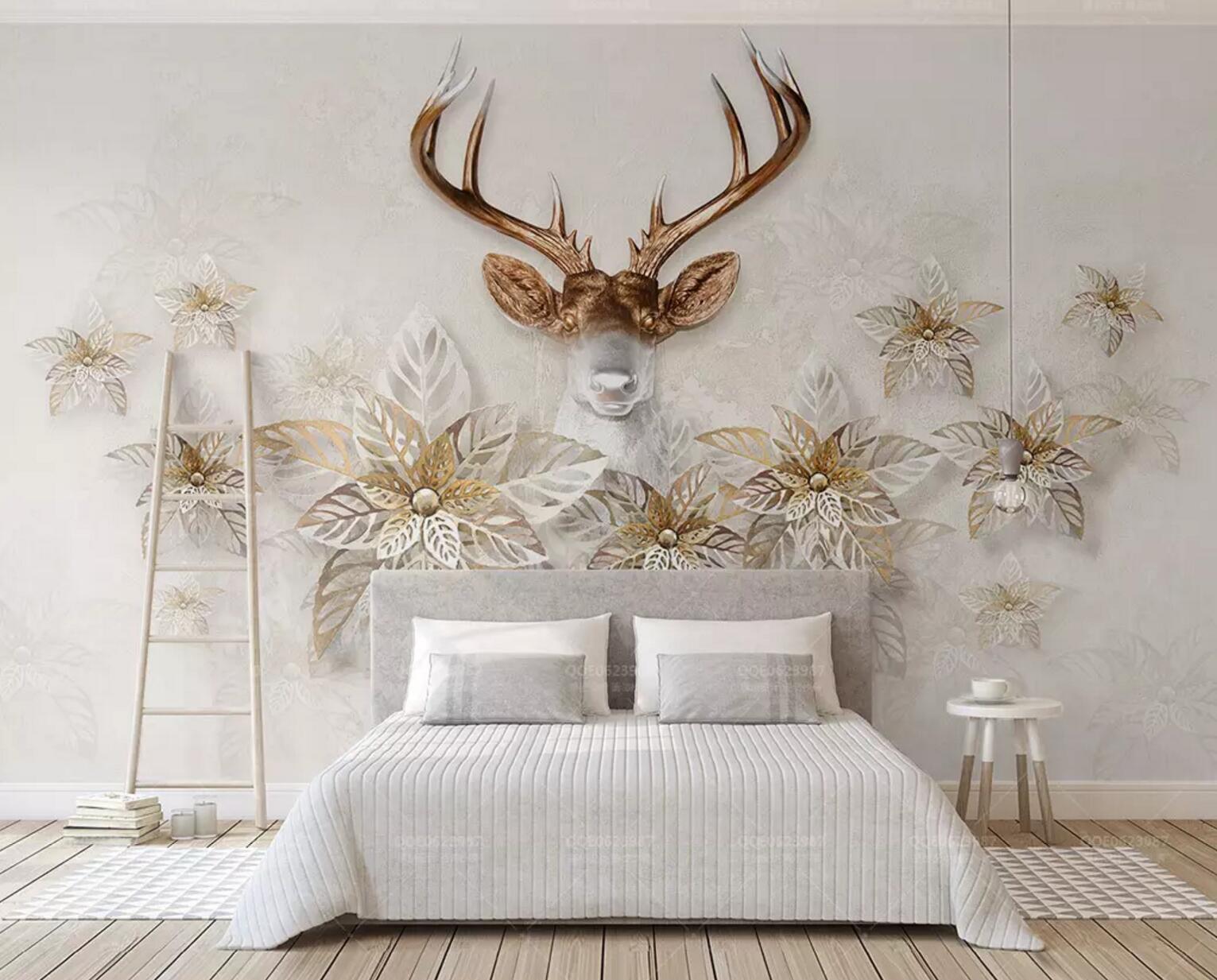 3D Deer Head Flower WC355 Wall Murals