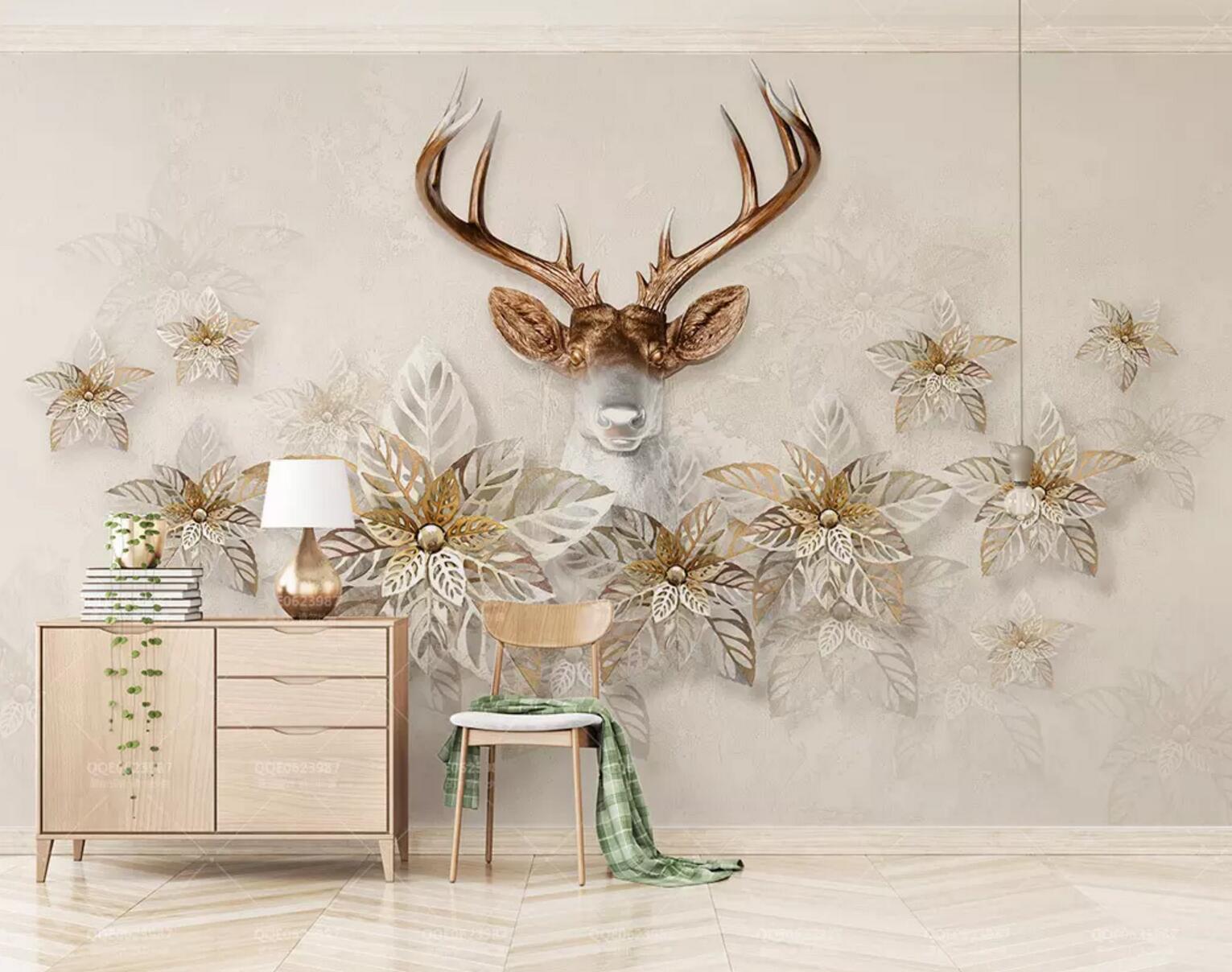 3D Deer Head Flower WC355 Wall Murals