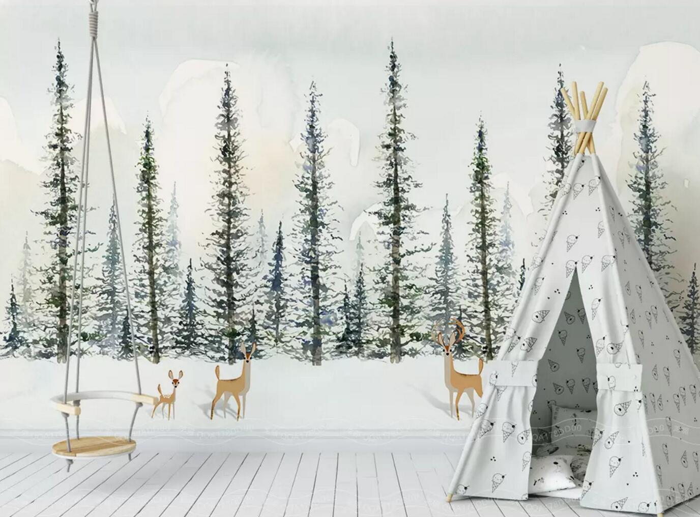 3D Forest Fawn Snow WC433 Wall Murals