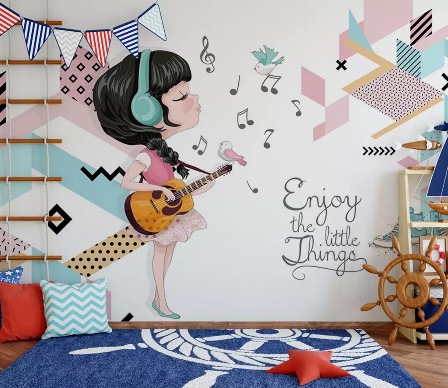 3D Guitar Woman Headphones WC678 Wall Murals
