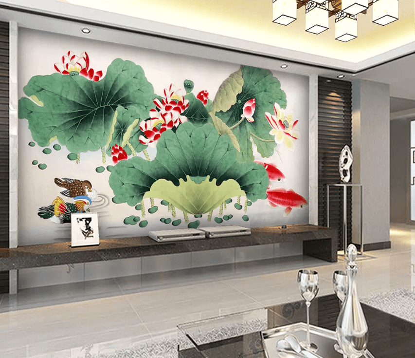 3D Lotus Leaf Mandarin Duck 1395 Wallpaper AJ Wallpaper 2 