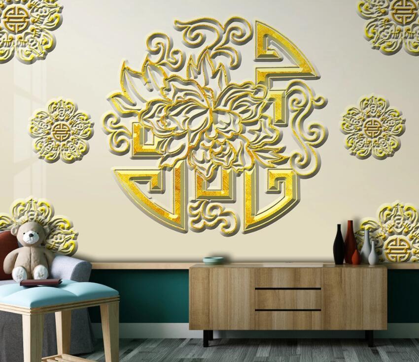 3D Golden Flowers 2028 Wall Murals Wallpaper AJ Wallpaper 2 