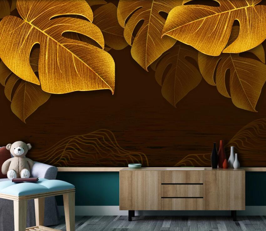 3D Golden Leaves 1970 Wall Murals Wallpaper AJ Wallpaper 2 