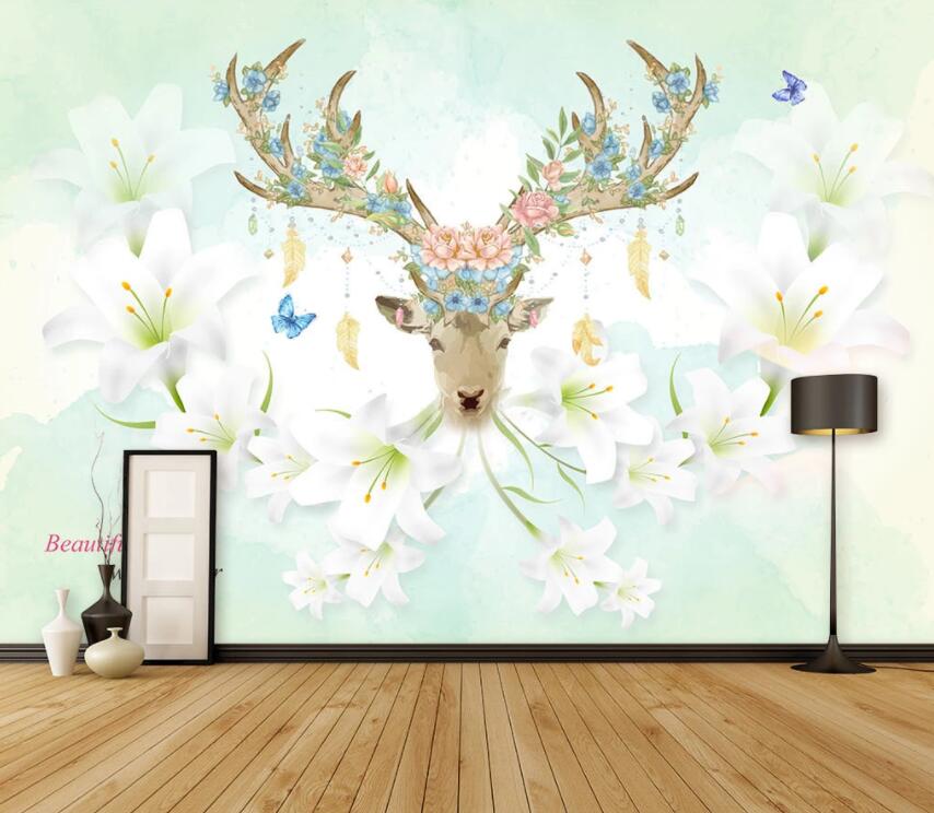 3D Elk Flowers 076 Wall Murals Wallpaper AJ Wallpaper 2 