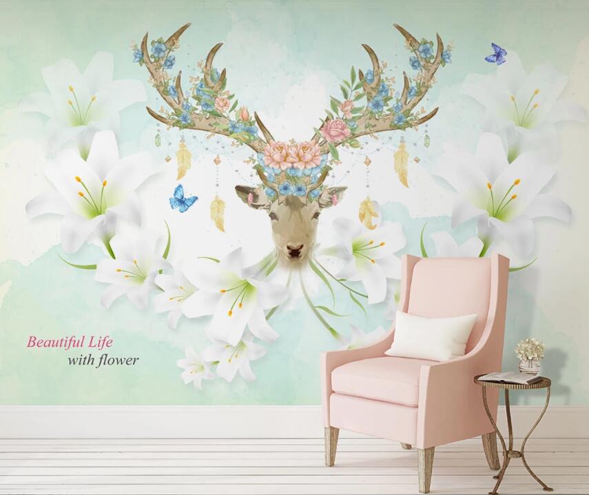 3D Elk Flowers 076 Wall Murals Wallpaper AJ Wallpaper 2 