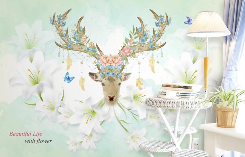 3D Elk Flowers 076 Wall Murals Wallpaper AJ Wallpaper 2 
