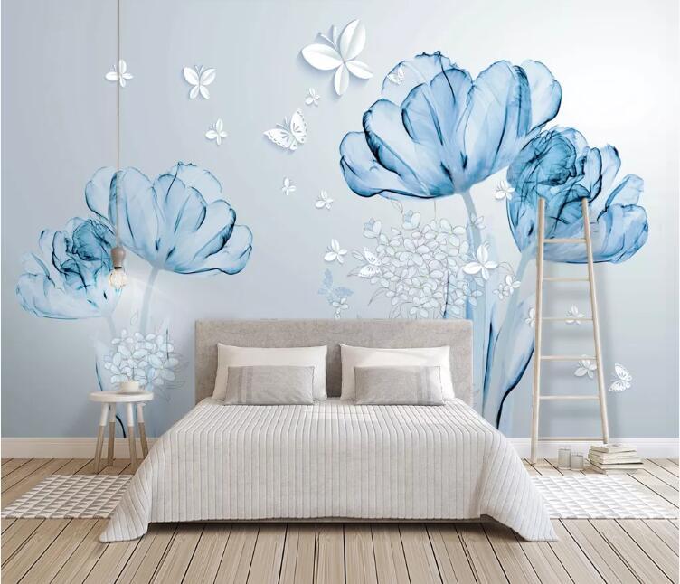3D Blue Flowers 605 Wall Murals Wallpaper AJ Wallpaper 2 