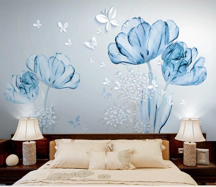 3D Blue Flowers 605 Wall Murals Wallpaper AJ Wallpaper 2 