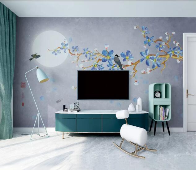 3D Moon Blue Flower WC2477 Wall Murals