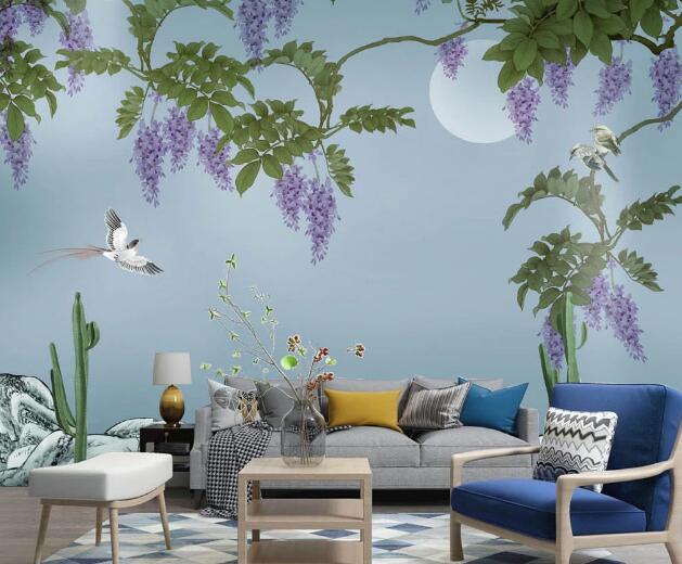 3D Purple Flower Swallow WC2435 Wall Murals