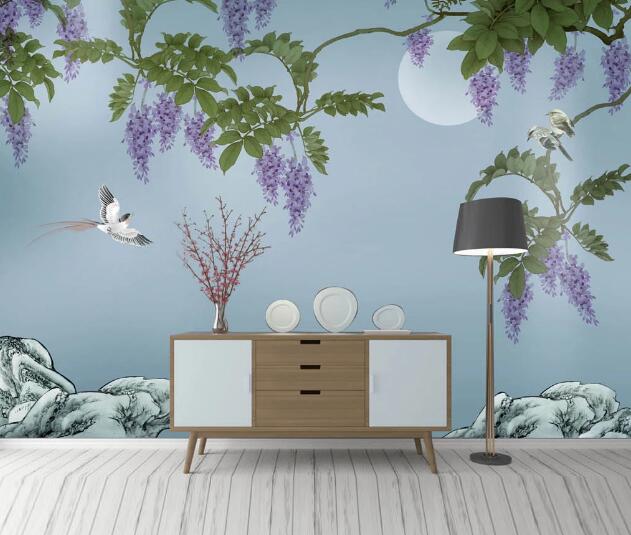3D Purple Flower Swallow WC2435 Wall Murals