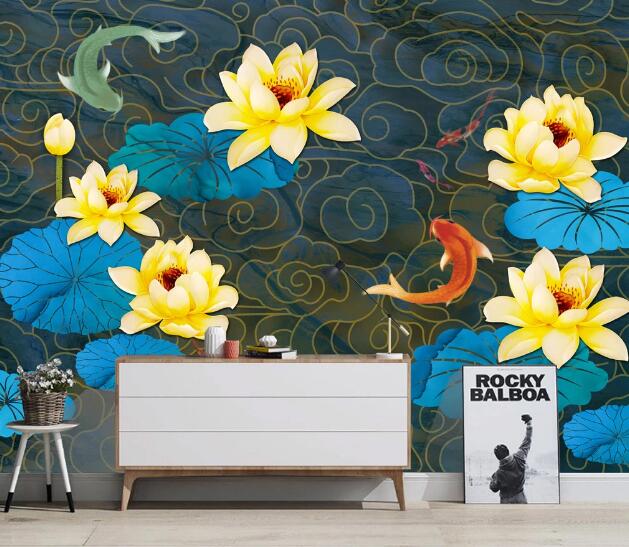 3D Yellow Lotus Goldfish WC2778 Wall Murals