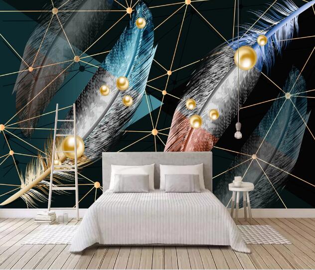3D Golden Beads Feathers WC2313 Wall Murals