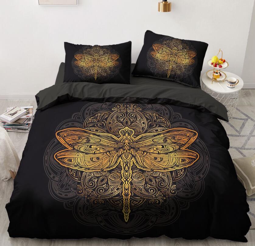 3D Gold Dragonfly Pattern 5548 Bed Pillowcases Quilt