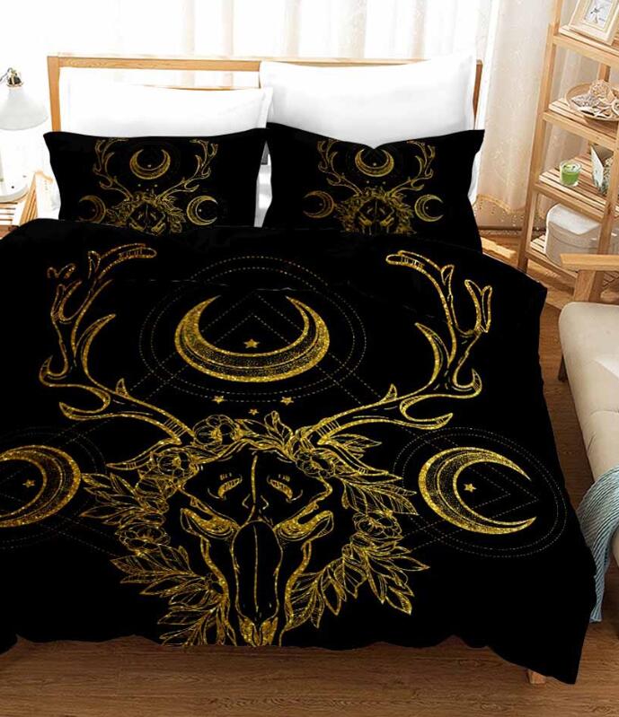 3D Golden Lines Deer Head Moon 11184 Bed Pillowcases Quilt