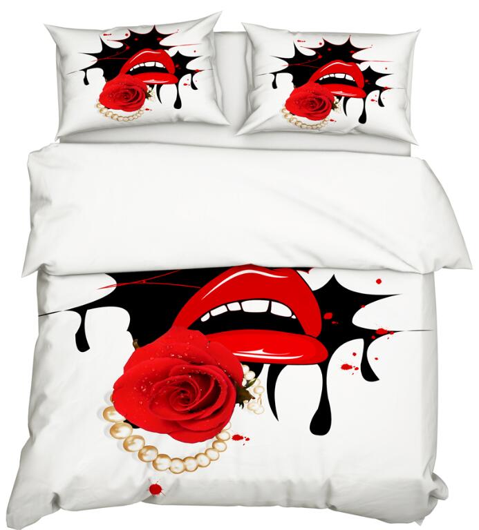 3D Red Lips Rose 11159 Bed Pillowcases Quilt