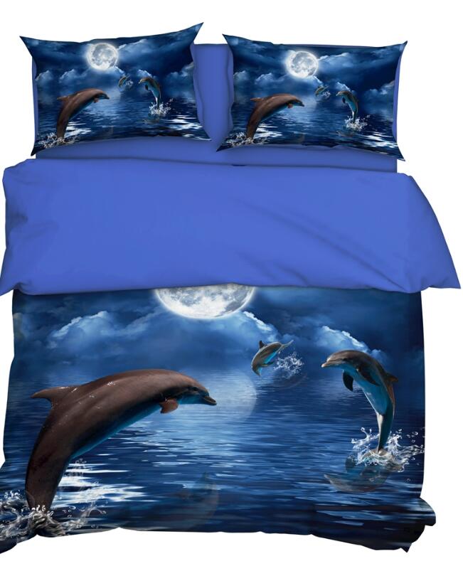 3D Moon Dolphin Jump 11197 Bed Pillowcases Quilt