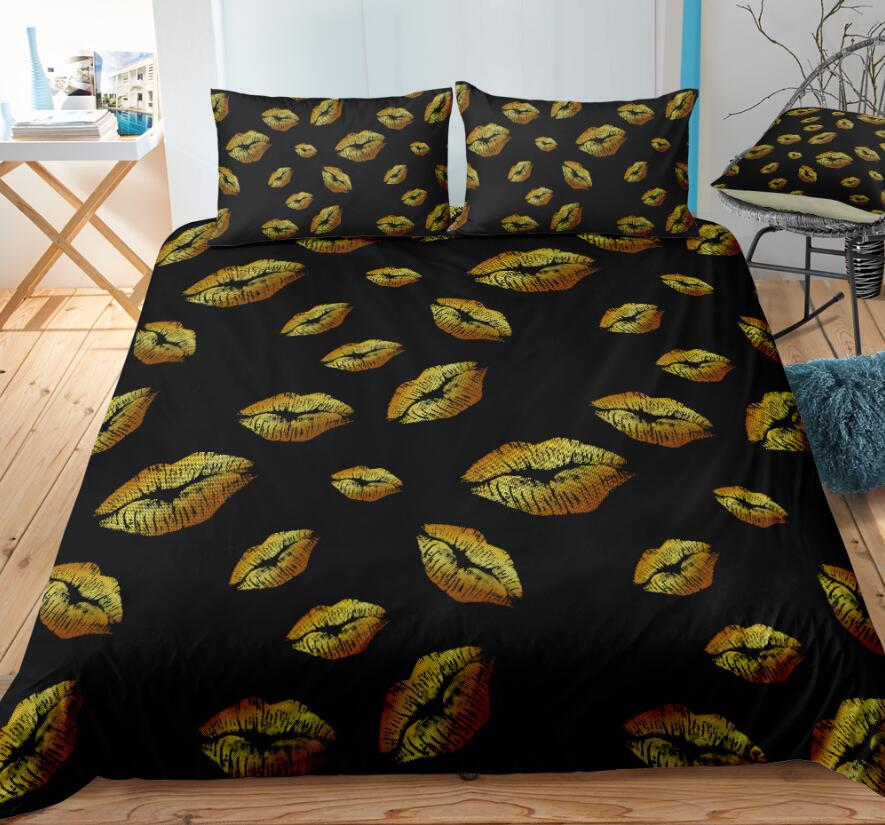 3D Gold Lips On Black 6121 Bed Pillowcases Quilt