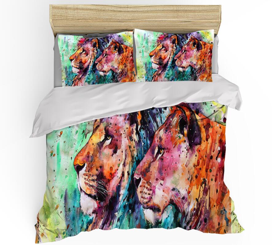 3D Two Lions Watercolor 009 Bed Pillowcases Quilt