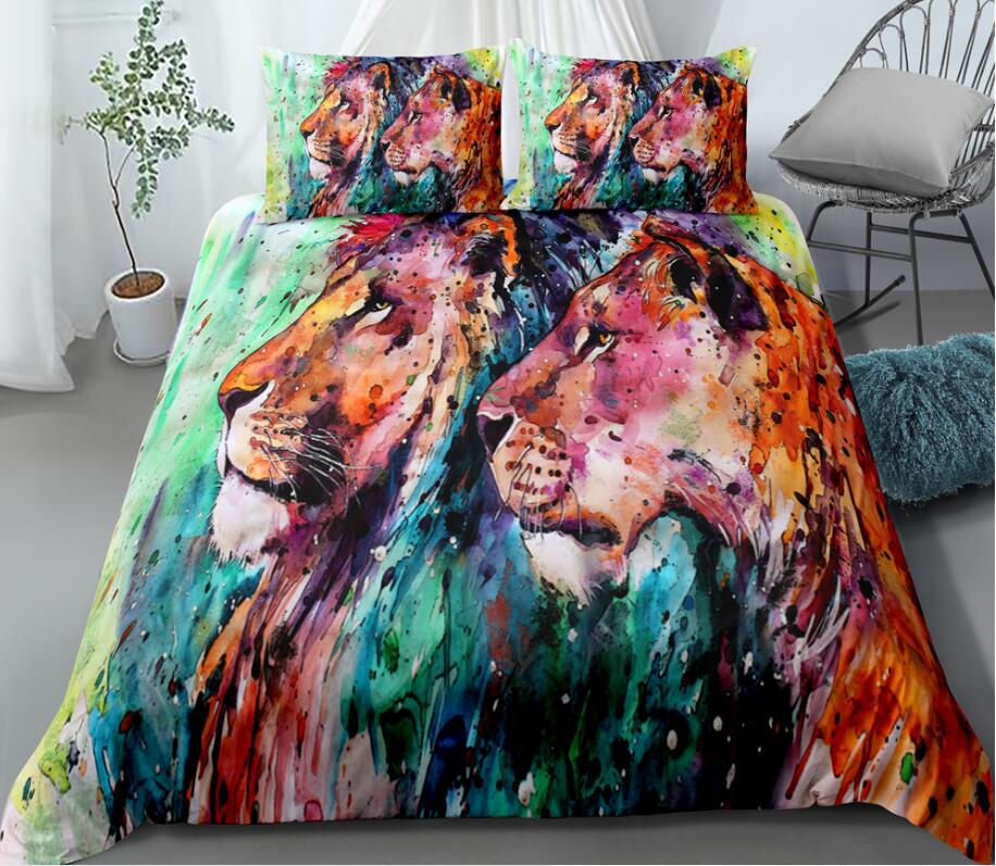 3D Two Lions Watercolor 009 Bed Pillowcases Quilt