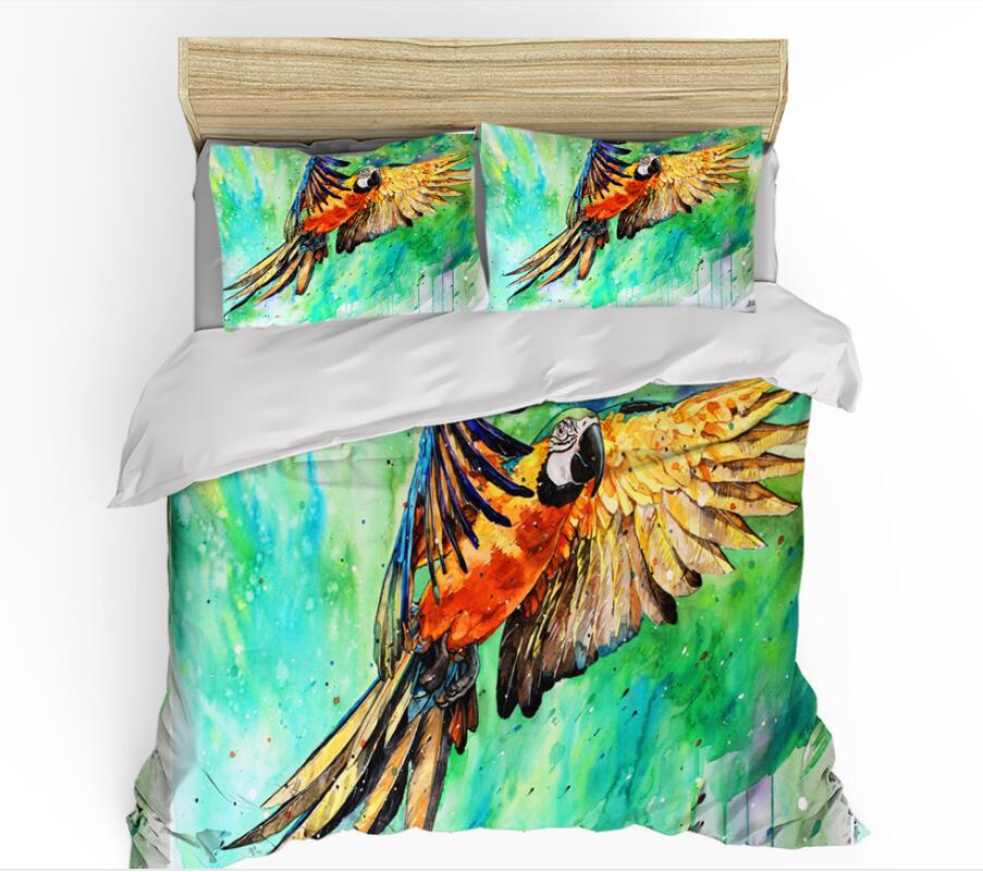 3D Parrot Green Watercolor 0015 Bed Pillowcases Quilt