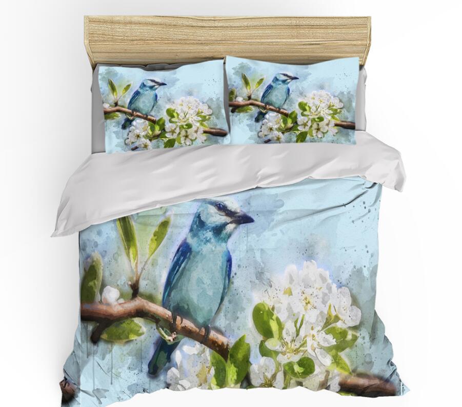3D Blue Little Bird Flower 0074 Bed Pillowcases Quilt