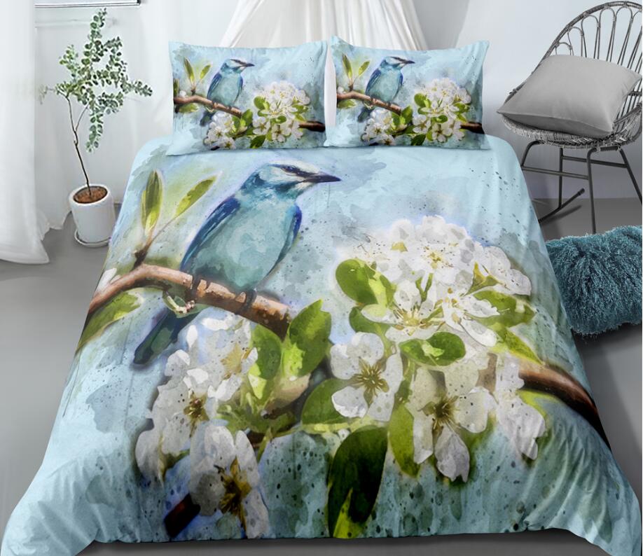 3D Blue Little Bird Flower 0074 Bed Pillowcases Quilt