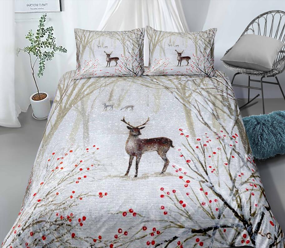 3D Snowfield Deer Forest 0120 Bed Pillowcases Quilt