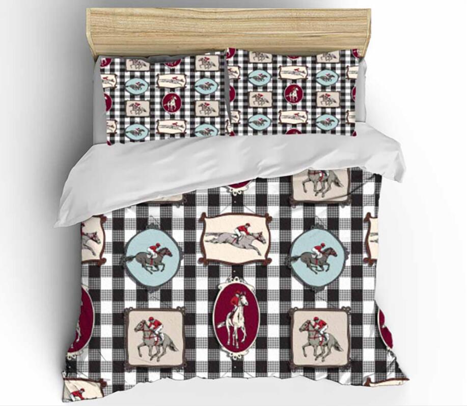 3D Black And White Lattice Horse 0123 Bed Pillowcases Quilt