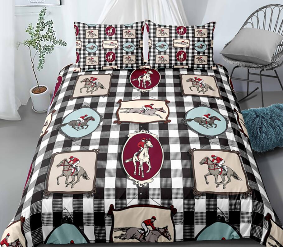 3D Black And White Lattice Horse 0123 Bed Pillowcases Quilt