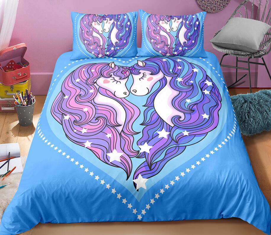 3D Love Two Unicorns Blue 0078 Bed Pillowcases Quilt
