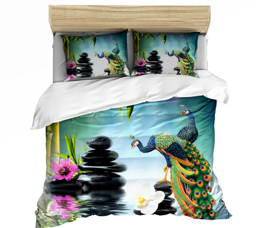 3D Water Surface Peacock Stone 0107 Bed Pillowcases Quilt