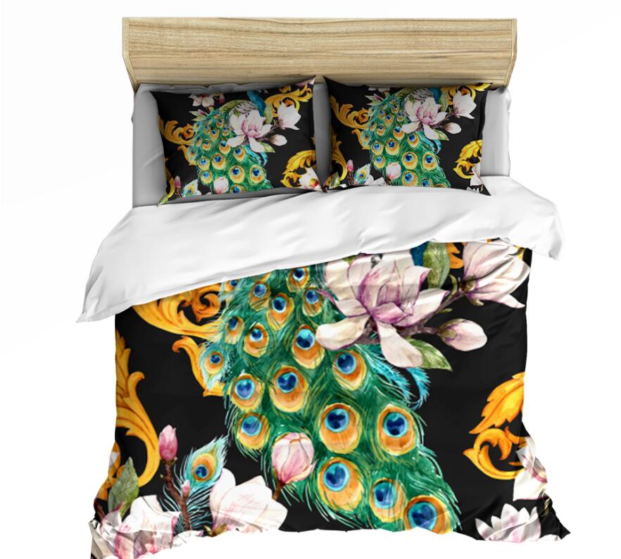 3D Peacock Lotus 0059 Bed Pillowcases Quilt