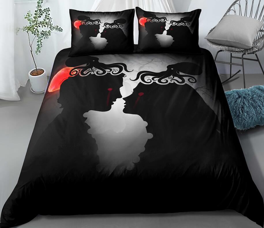 3D A Couple Shadow Red Moon 0136 Bed Pillowcases Quilt