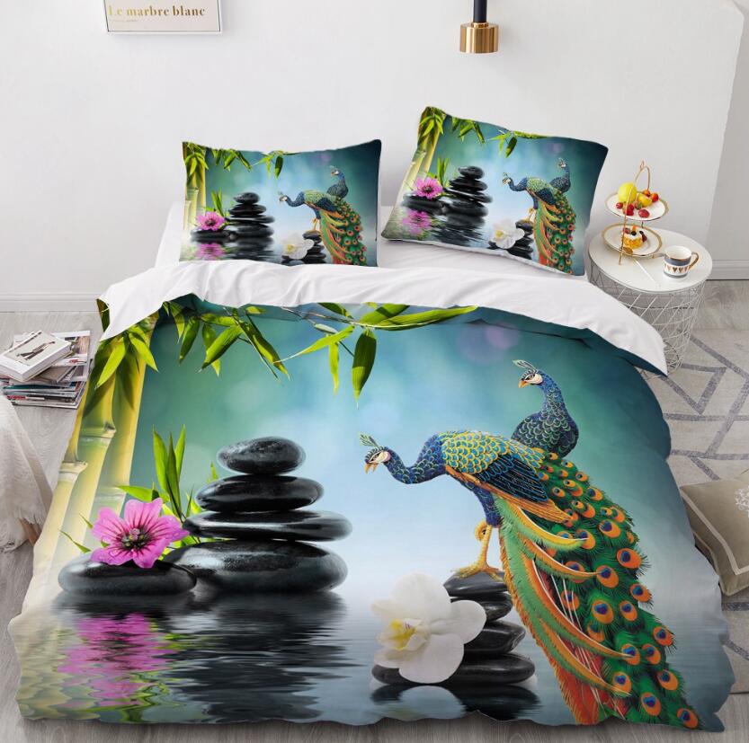 3D Peacock Stone 9113 Bed Pillowcases Quilt