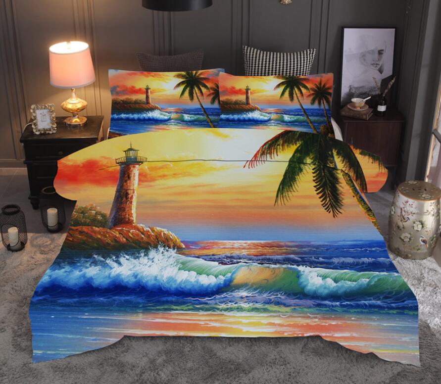 3D Seaside Lighthouse Coconut Tree 6698 Bed Pillowcases Quilt