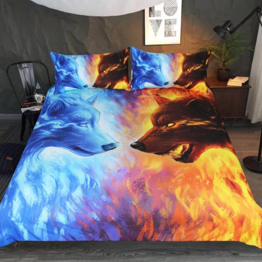 3D Fire And Water Wolf 66176 Bed Pillowcases Quilt