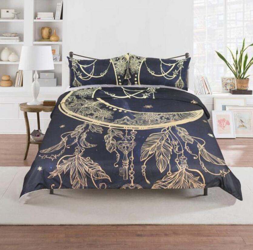 3D Golden Moon Feather 66164 Bed Pillowcases Quilt