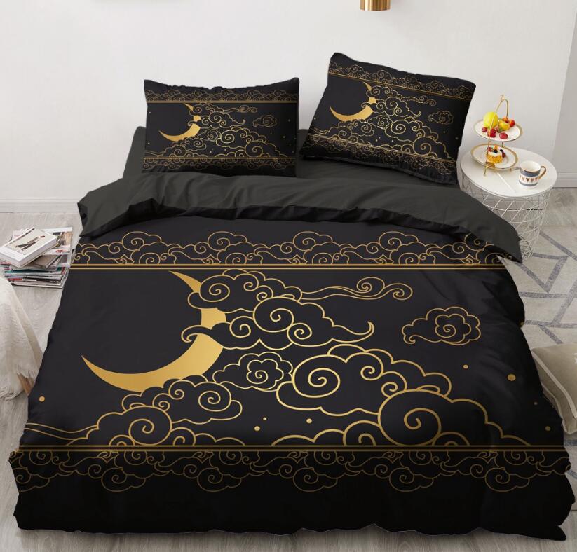 3D Black Background Golden Moon Cloud 5530 Bed Pillowcases Quilt