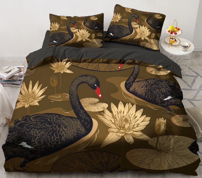 3D Black Swan Golden Lotus 5531 Bed Pillowcases Quilt