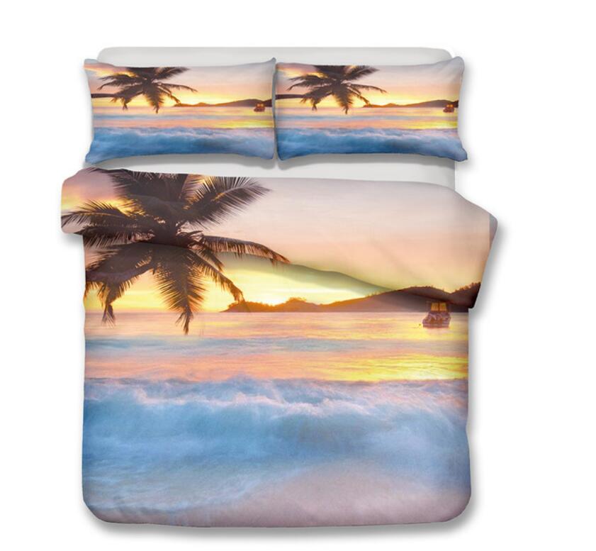 3D Waves Coconut Tree 1026 Bed Pillowcases Quilt