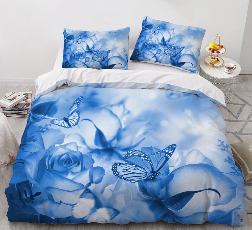 3D Blue Rose Butterfly 9179 Bed Pillowcases Quilt