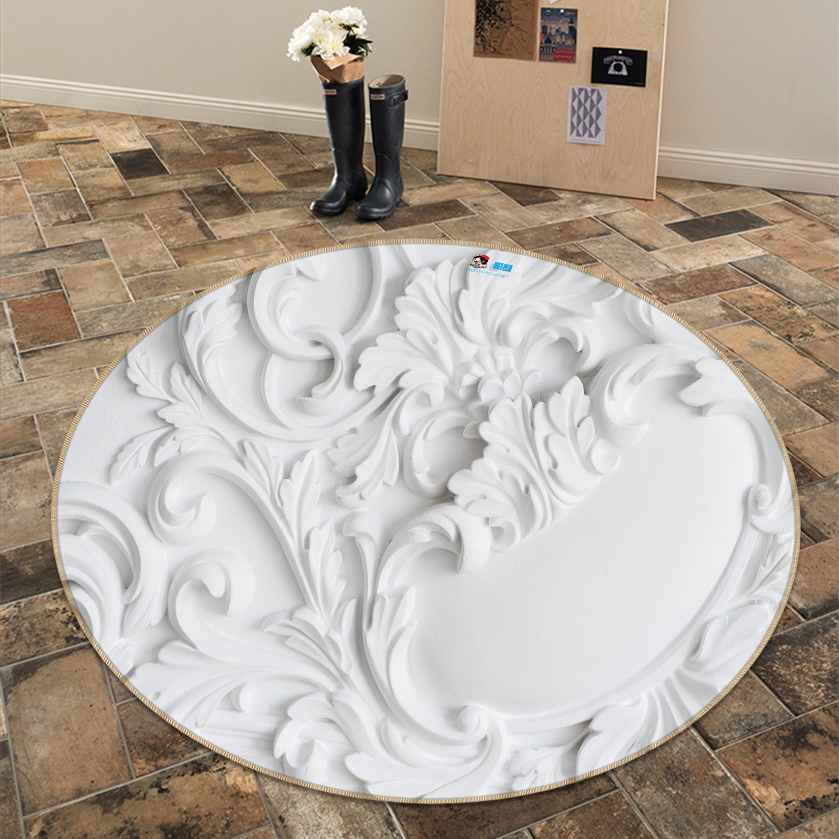 3D Stone Carving Pattern 80236 Round Non Slip Rug Mat