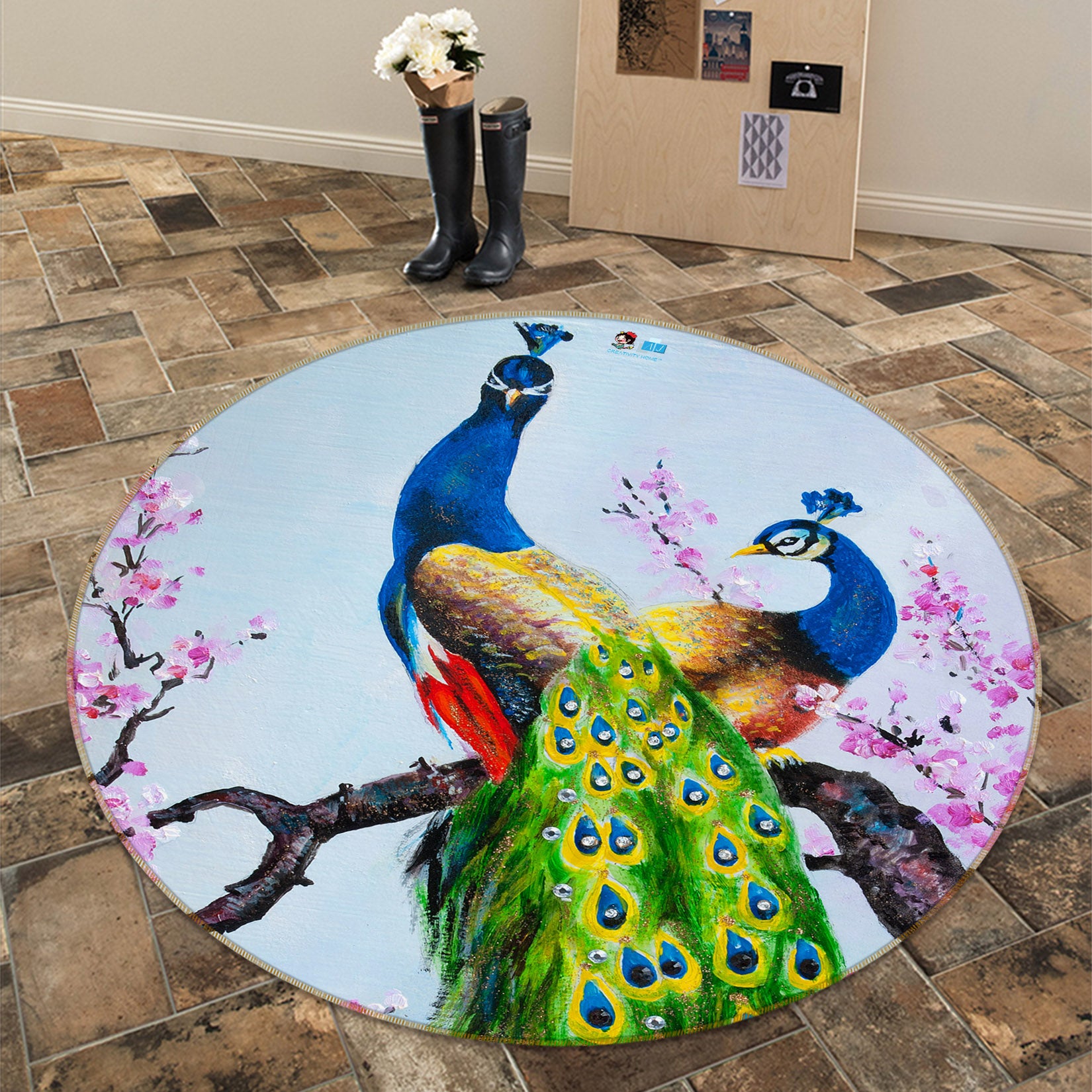 3D Peacock 69185 Round Non Slip Rug Mat