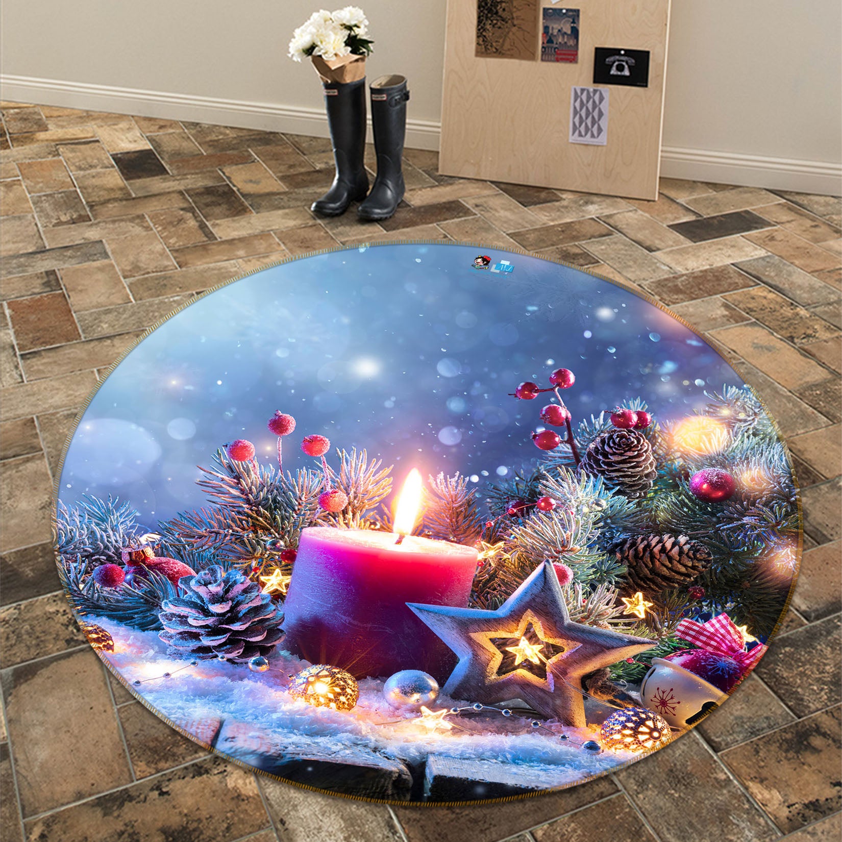 3D Candle Five-Pointed Star 54209 Christmas Round Non Slip Rug Mat Xmas