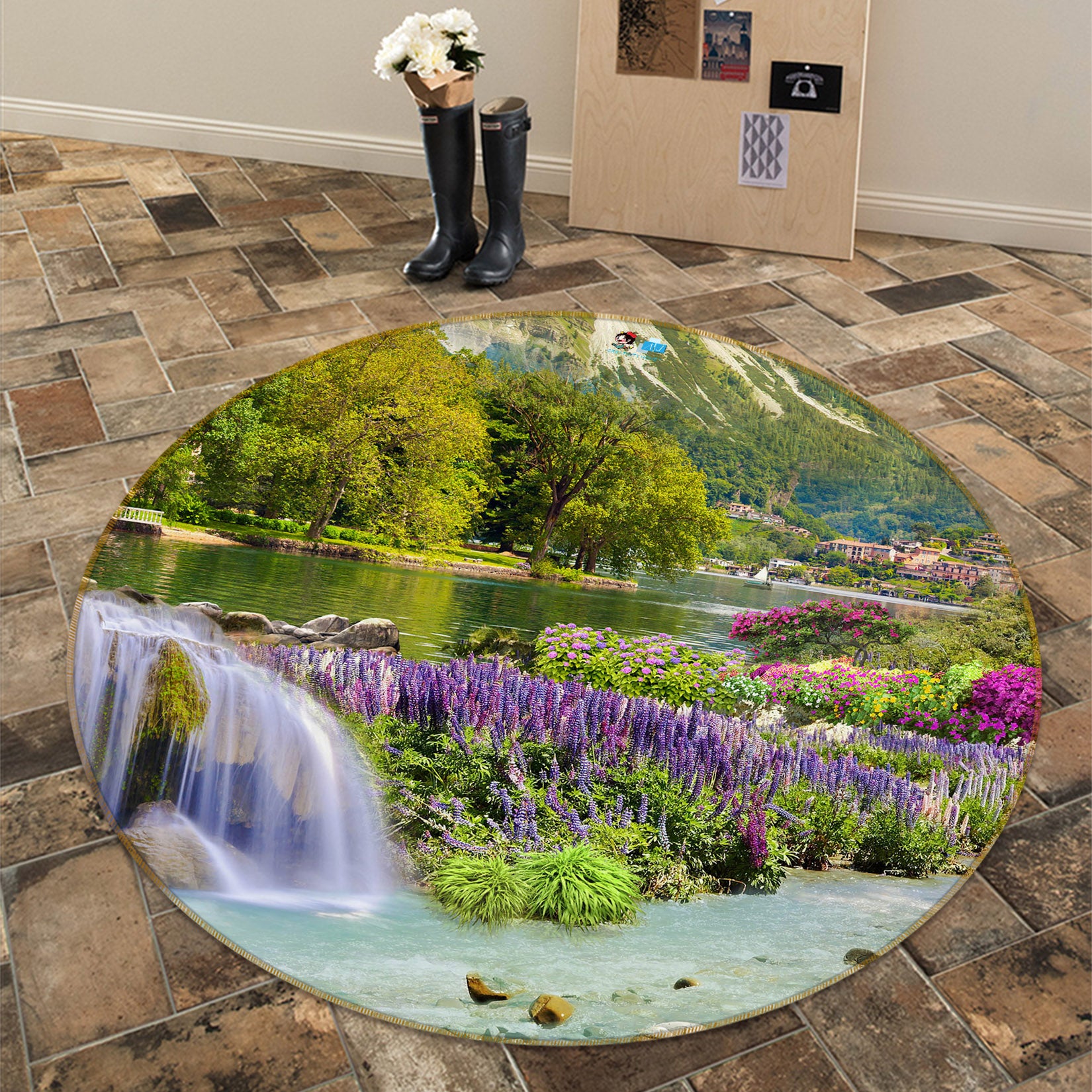 3D Tree River Running Water 69096 Round Non Slip Rug Mat
